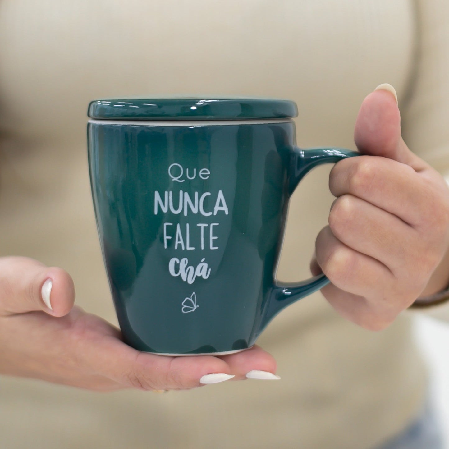 Caneca Porcelana Verde - com Tampa - 300ml