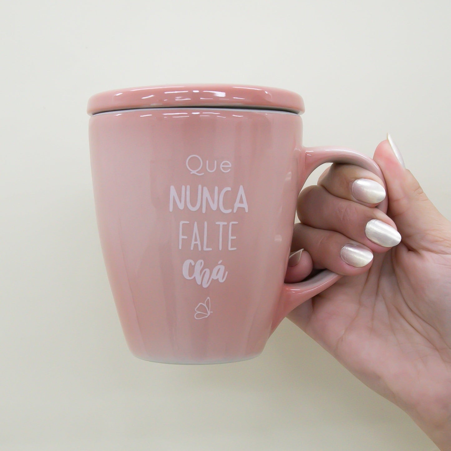 Caneca Porcelana Rosa - com Tampa - 300ml