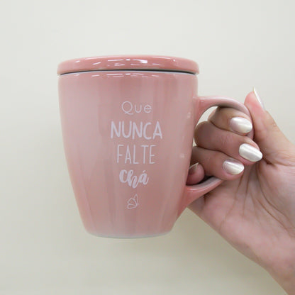 Caneca Porcelana Rosa - com Tampa - 300ml