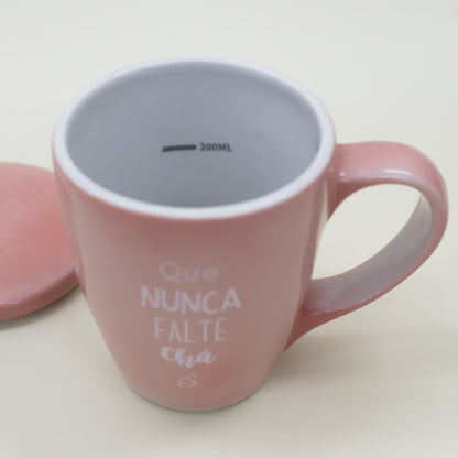 Caneca Porcelana Rosa - com Tampa - 300ml