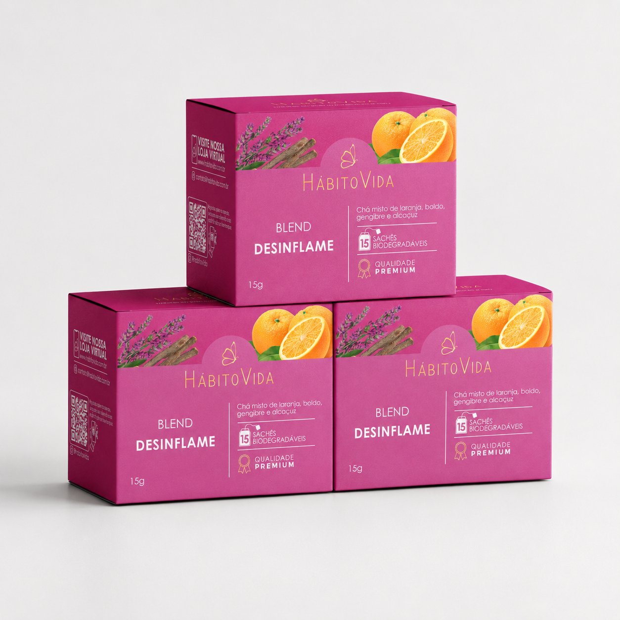 Kit Desinflame Natural Hábito Vida | 3 Blends de Chá Desinflame | 45 Sachês