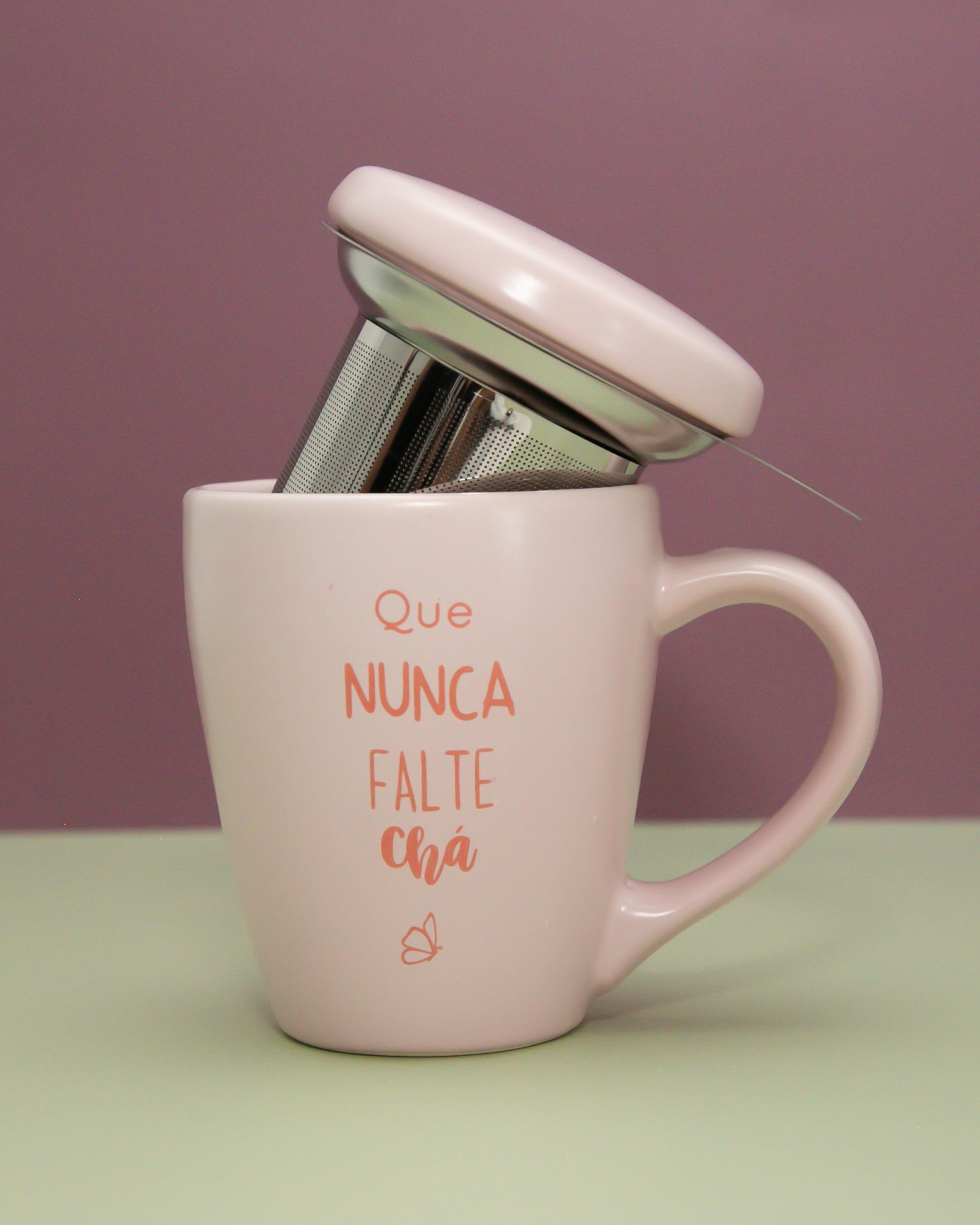 Kit Caneca Candy Rosa com Tampa Filtro Infusor