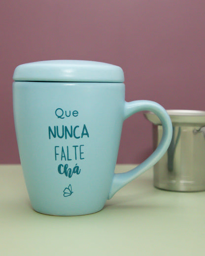 Kit Caneca Candy Azul com Tampa + Filtro Infusor